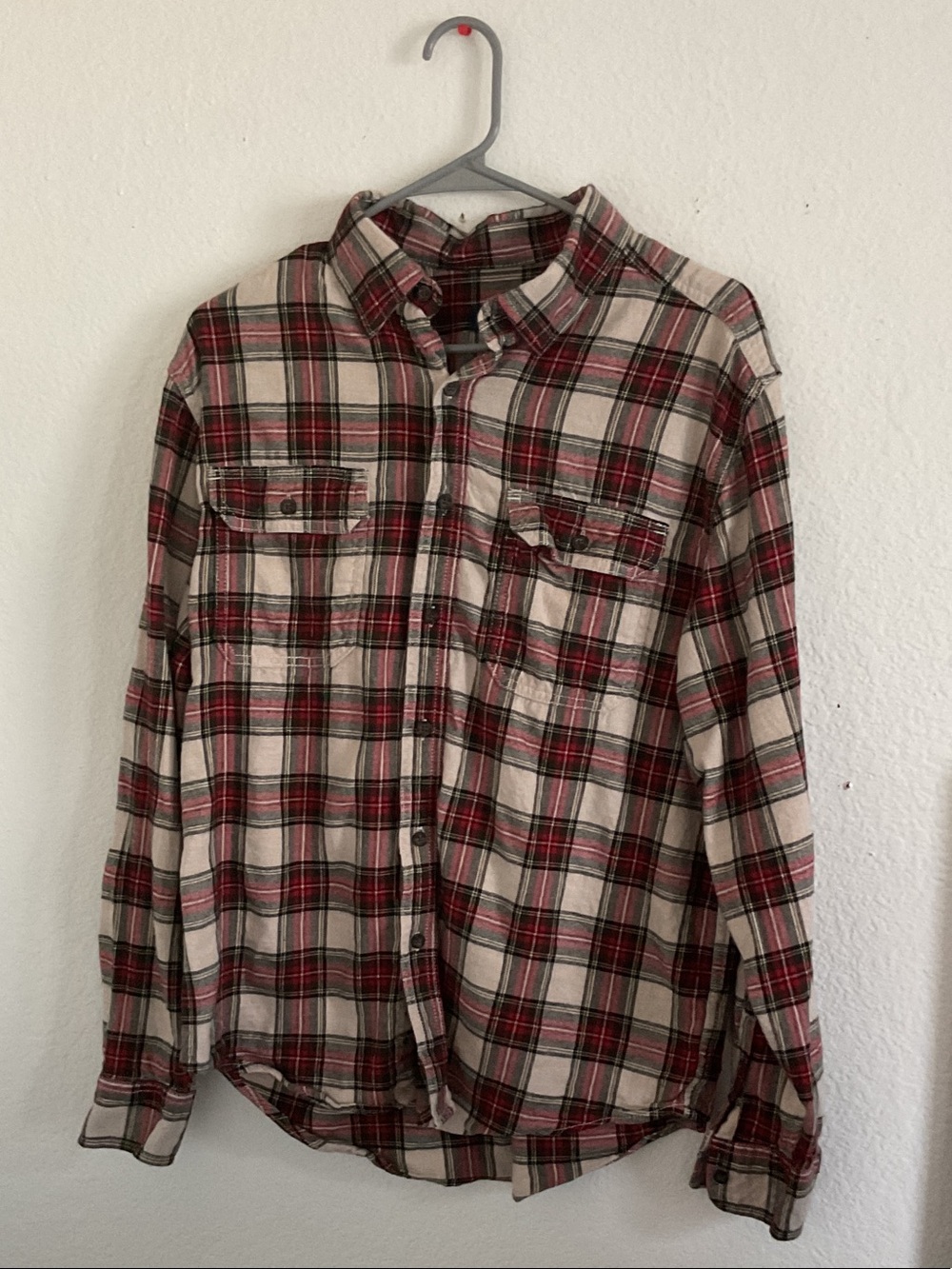 George Red and Cream Plaid Button-Down Shirt
